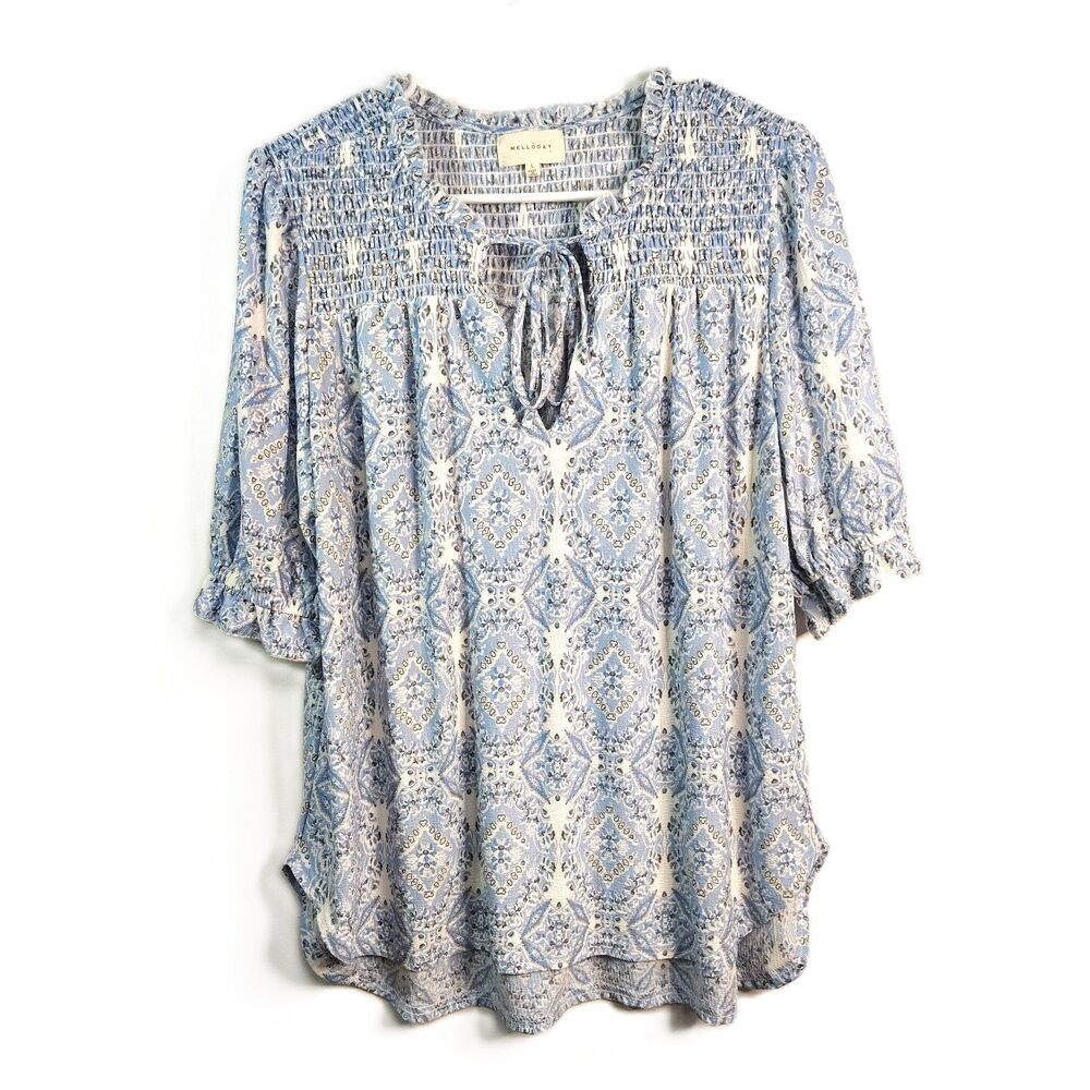 Melloday Boho Smocked Blouse Blue White Tie Neck Stretch Top Women Large - Picture 2 of 6